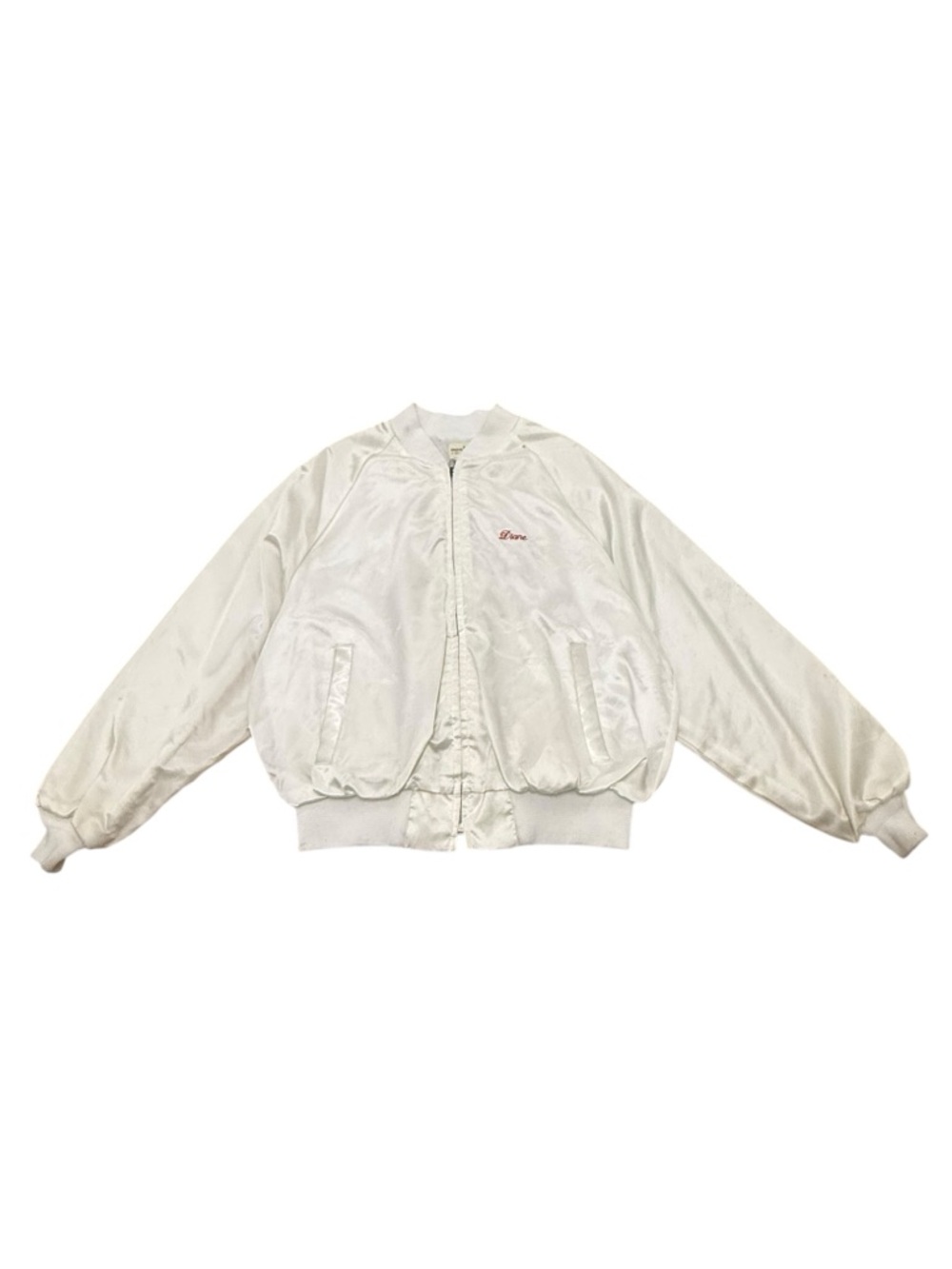 Vintage 1980s White Satin Varsity Jacket “Excellence” USA Large Bomber